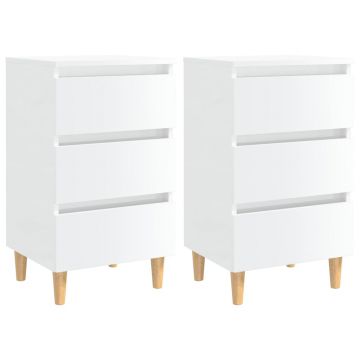 Gossi noptiere & picioare lemn, 2 buc., alb extralucios, 40x35x69 cm
