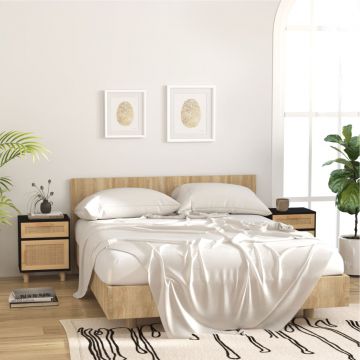 Gossi noptiere, 2 buc., alb, lemn masiv de pin si ratan natural