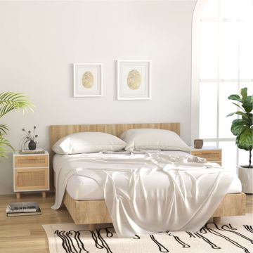 Gossi noptiere, 2 buc., alb, lemn masiv de pin si ratan natural