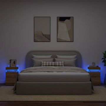 Gossi noptiere 2 buc led stejar artizanal 35x39x55 cm lemn prelucrat
