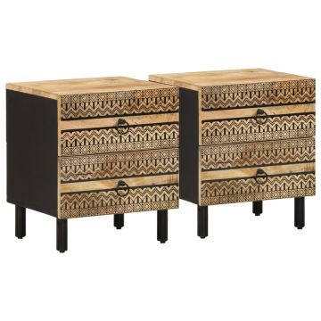 Gossi noptiere, 2 buc., negru, 40x33,5x46 cm, lemn masiv mango brut