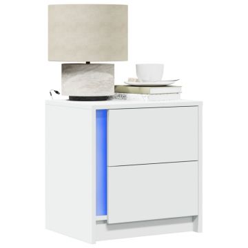 Gossi noptiere cu lumini led, 2 buc., alb, lemn prelucrat