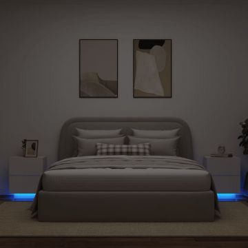 Gossi noptiere cu lumini led, 2 buc., alb, lemn prelucrat