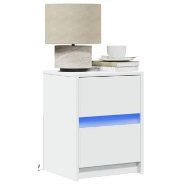 Gossi noptiere cu lumini led, 2 buc., alb, lemn prelucrat