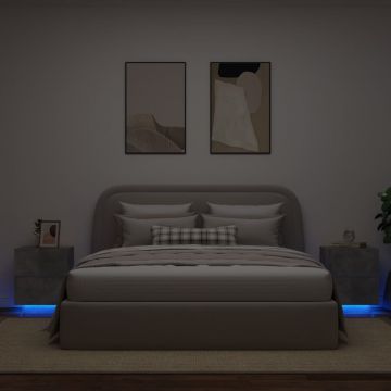 Gossi noptiere cu lumini led, 2 buc., gri beton, lemn prelucrat