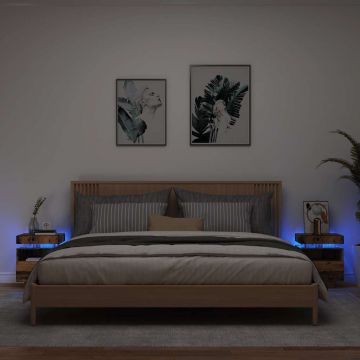 Gossi noptiere cu lumini led, 2 buc., lemn vechi, 40x39x48,5 cm