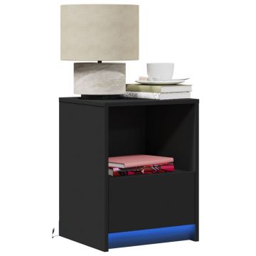 Gossi noptiere cu lumini led, 2 buc., negru, lemn prelucrat