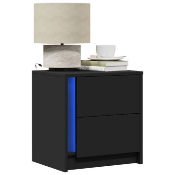 Gossi noptiere cu lumini led, 2 buc., negru, lemn prelucrat