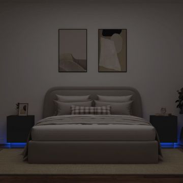 Gossi noptiere cu lumini led, 2 buc., negru, lemn prelucrat