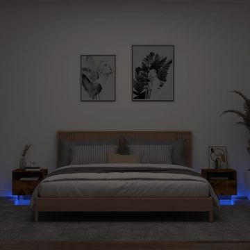 Gossi noptiere cu lumini led, 2 buc., stejar fumuriu, 40x39x37 cm