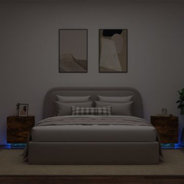 Gossi noptiere cu lumini led, 2 buc., stejar fumuriu, lemn prelucrat