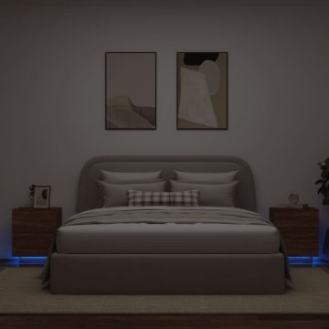 Gossi noptiere cu lumini led, 2 buc., stejar maro, lemn prelucrat