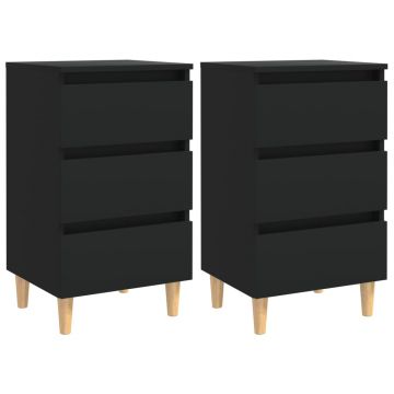Gossi noptiere cu picioare lemn masiv, 2 buc., negru, 40x35x69 cm