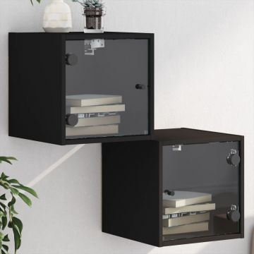 Gossi noptiere cu usi din sticla, 2 buc., negru, 35x37x35 cm