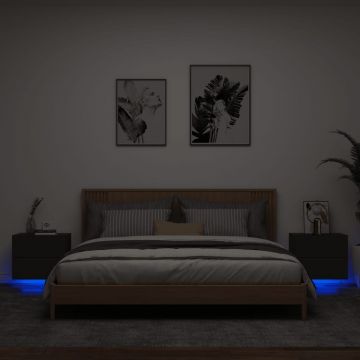 Gossi noptiere montate pe perete cu lumini led, 2 buc., negru