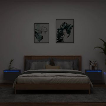Gossi noptiere montate pe perete cu lumini led, 2 buc., negru