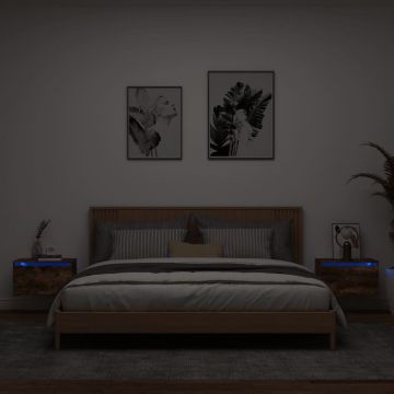 Gossi noptiere montate pe perete cu lumini led, 2 buc.,stejar fumuriu