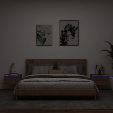 Gossi noptiere montate pe perete cu lumini led, 2 buc., stejar maro
