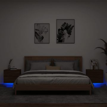 Gossi noptiere montate pe perete cu lumini led, 2 buc., stejar maro
