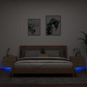 Gossi noptiere montate pe perete cu lumini led, 2 buc., stejar sonoma