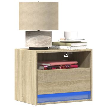 Gossi noptiere montate pe perete cu lumini led, 2 buc., stejar sonoma