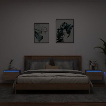 Gossi noptiere montate pe perete cu lumini led, 2 buc., stejar sonoma