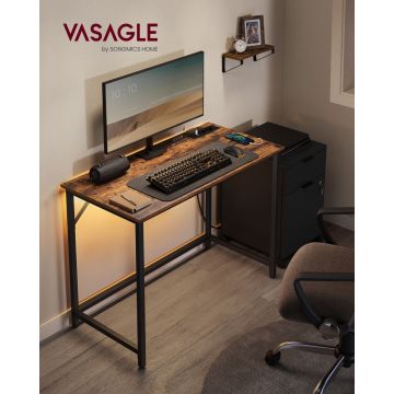 Birou cu priza incorporata si porturi USB, Vasagle, cu lumina LED, 100x50x76 cm, PAL/otel, maro