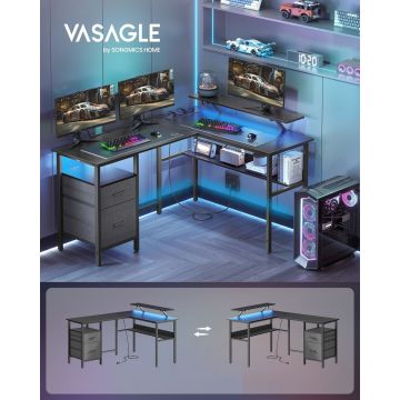 Birou in forma de L / birou de colt, Vasagle, Gaming Desk, cu suport monitor, sertare, priza incorporata si porturi USB, 120x150x89 cm, PAL/otel, negru