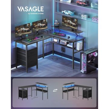 Birou in forma de L / birou de colt, Vasagle, Gaming Desk, cu suport monitor, sertare, priza incorporata si porturi USB, 120x150x89 cm, PAL/otel, negru