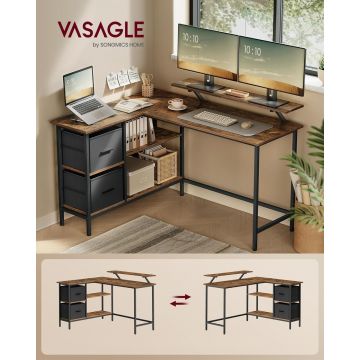 Birou in forma de L / birou de colt, Vasagle, Gaming Desk, reversibil, cu suport monitor, rafturi, cosuri, 105x135x89.5 cm, PAL/otel, maro rustic