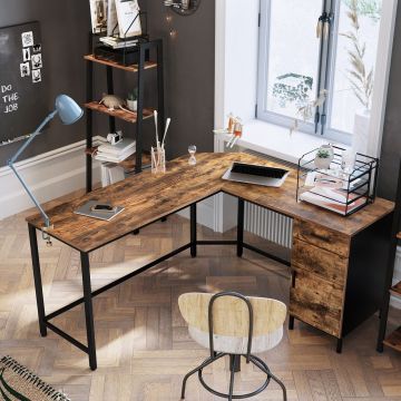 Birou in forma de L / birou de colt, Vasagle, Industrial, cu sertare, 137x150x75 cm, PAL/otel, maro