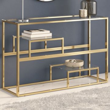 Gossi masa consola, otel inoxidabil auriu si sticla securizata