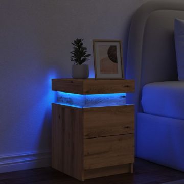 Gossi noptiera cu led, stejar artizanal, 35x39x55 cm, lemn prelucrat