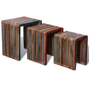 Gossi set de mese suprapuse 3 piese, lemn de tec reciclat, multicolor