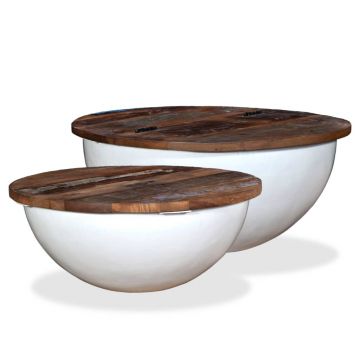 Gossi set masute cafea, 2 piese, alb, lemn masiv reciclat, forma bol