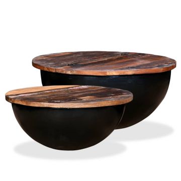 Gossi set masute cafea, 2 piese, negru, lemn masiv reciclat forma bol