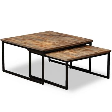 Gossi set masute cafea suprapuse 2 piese, lemn masiv de tec reciclat