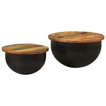 Gossi set masute de cafea, 2 piese, negru, lemn masiv reciclat