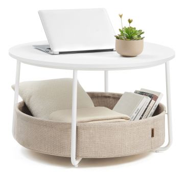 Masuta de cafea cu cos textil, Vasagle, Modern Style, 75x45 cm, PAL/otel/poliester, alb mat/camel