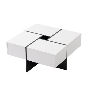 Elegantă măsuță de cafea lucioasă cu 4 sertare, compartiment de depozitare integrat, 70×70×35 cm, Alb+Negru