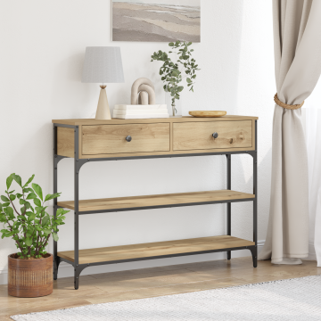 Gossi masa consola, stejar artizanal, 100x25x75 cm, lemn si otel
