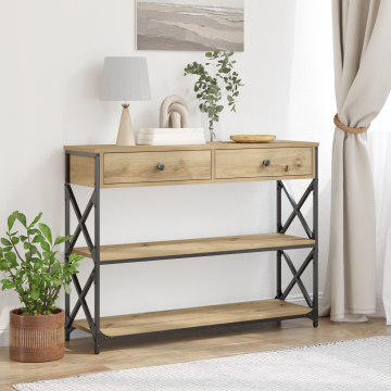 Gossi masa consola, stejar artizanal, 100x28x75 cm, lemn si otel
