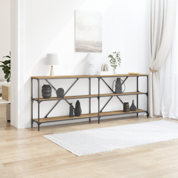 Gossi masa consola, stejar artizanal, 200x30x75 cm, lemn si otel
