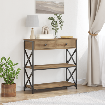 Gossi masa consola, stejar artizanal, 75x28x75 cm, lemn si otel
