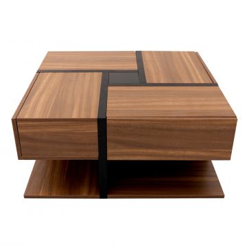 Masă de cafea cu 4 sertare, design unic de culori și linii, spațiu de depozitare inferior, 78×78×36 cm, Natural