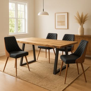 Masa  din lemn masiv cu grosimea de 4 cm, Naturala, cu picioare din metal negru 200x96x76 cm