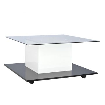 Măsuță de cafea modernă din sticlă lucioasă cu bandă LED reglabilă și roți pivotante, 80×80×40 cm, Alb+Negru