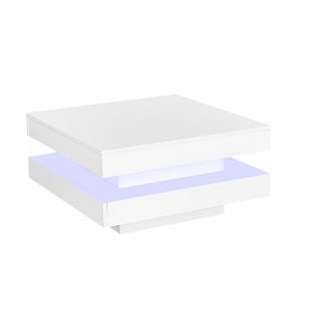 Măsuță de Cafea Modernă Pătrată Lucioasă cu Placă Rotativă la 360° și Iluminare LED în 16 Culori, 70x70x36 cm, Albă