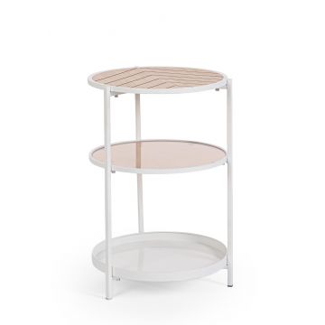 Masuta de cafea cu 3 rafturi Haldor, Bizzotto, D40x60.5 cm, otel/MDF furniruit/sticla temperata, alb/natural