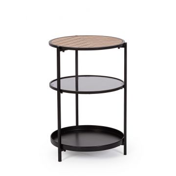 Masuta de cafea cu 3 rafturi Haldor, Bizzotto, D40x60.5 cm, otel/MDF/sticla temperata, negru/natural